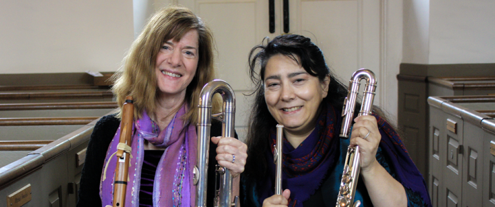 2Flutes Laura Falzon and Pamela Sklar holding flutes